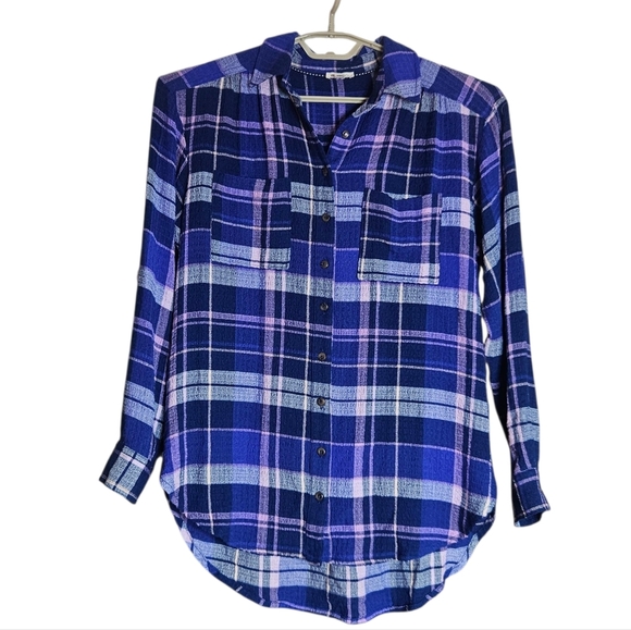 Anthropologie Pilcro Blue Pink Plaid Relaxed Oversized Button Down Shirt Small - Picture 1 of 6